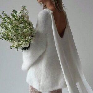 White Romantic Women's Furry Knitted Warm Flare Sleeve Backless Bow Tie Dress